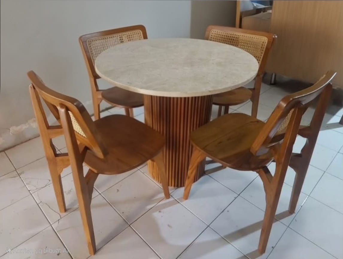 Set Meja Makan Marmer Bulat D100 Natural