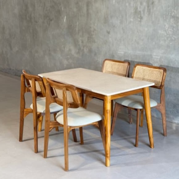 Set Meja Makan Marmer Cream Kotak 150x80 Natural